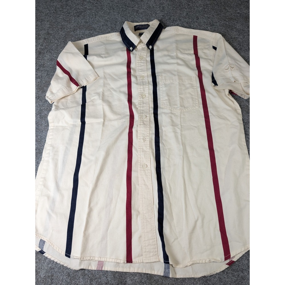 Pine Island Mens Large Cotton Striped Short Sleeve Button Down Shirt Cream Navy